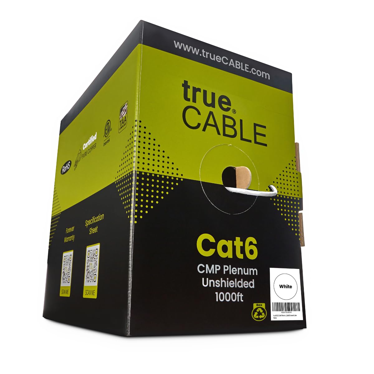 trueCABLE Cat6 Plenum (CMP), 1000ft, White, 23AWG 4 Pair Solid Bare Copper, 550MHz, PoE++ (4PPoE), ETL Listed, Unshielded Twisted Pair (UTP), Bulk