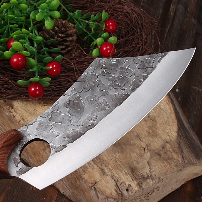 Meat Cleaver,Cleaver Knife Forged Finger Ring Small Kitchen Knife Boning Knife Wooden Handle High Carbon Steel Home And Outdoor Fish Killing Slaughter Knife