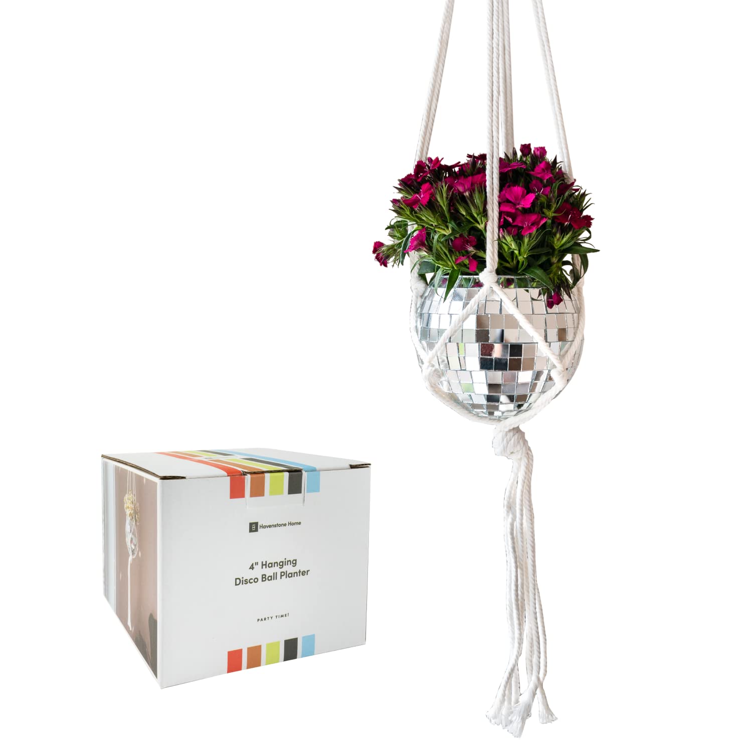 Havenstone Home Hanging Disco Ball Planter 8" - with Acrylic Stand and Macrame Plant Hanger - Home Décor, Room Décor, Patio or Boho Décor, Mirror