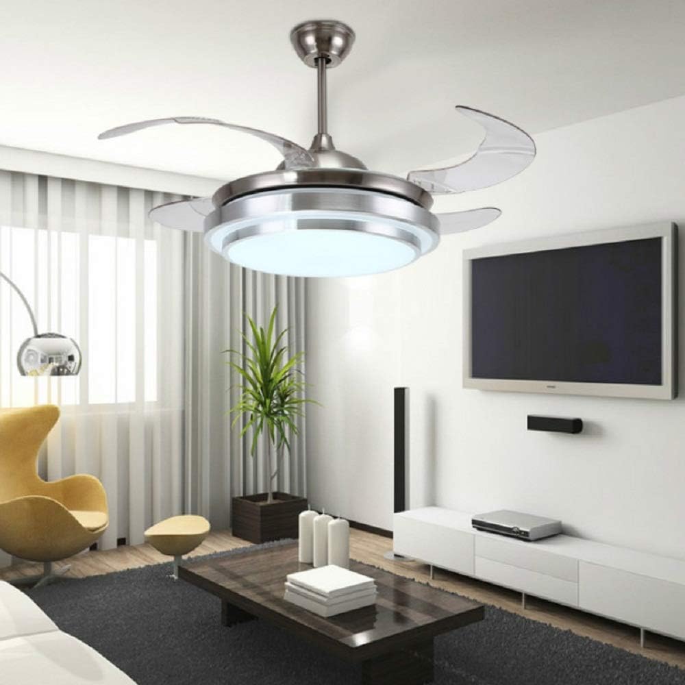 36 Inch Invisible Ceiling Fan with Lights and Remote, Modern 4 Reversible Blades Mute Ceiling Fan Chandeliers for Indoor, Bedroom Ceiling Fans Light Kit (36 Inch, Chrome-02)