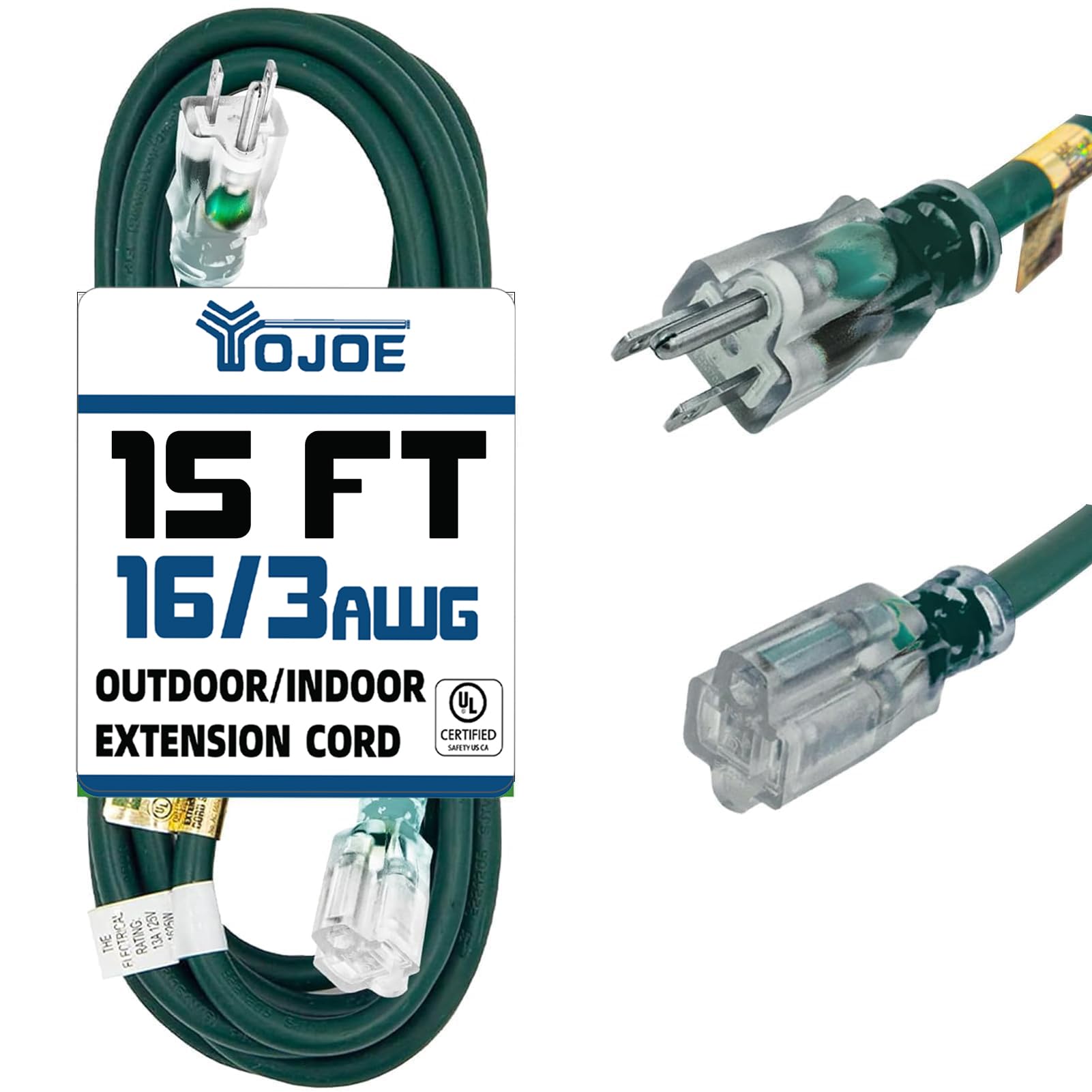 YOJOE - Cable de extensión verde iluminado para exteriores de 15 pies, cable de extensión SJTW de 16/3 con enchufe de tierra de 3 clavijas, cable de extensión de calibre 16 para jardín, césped,