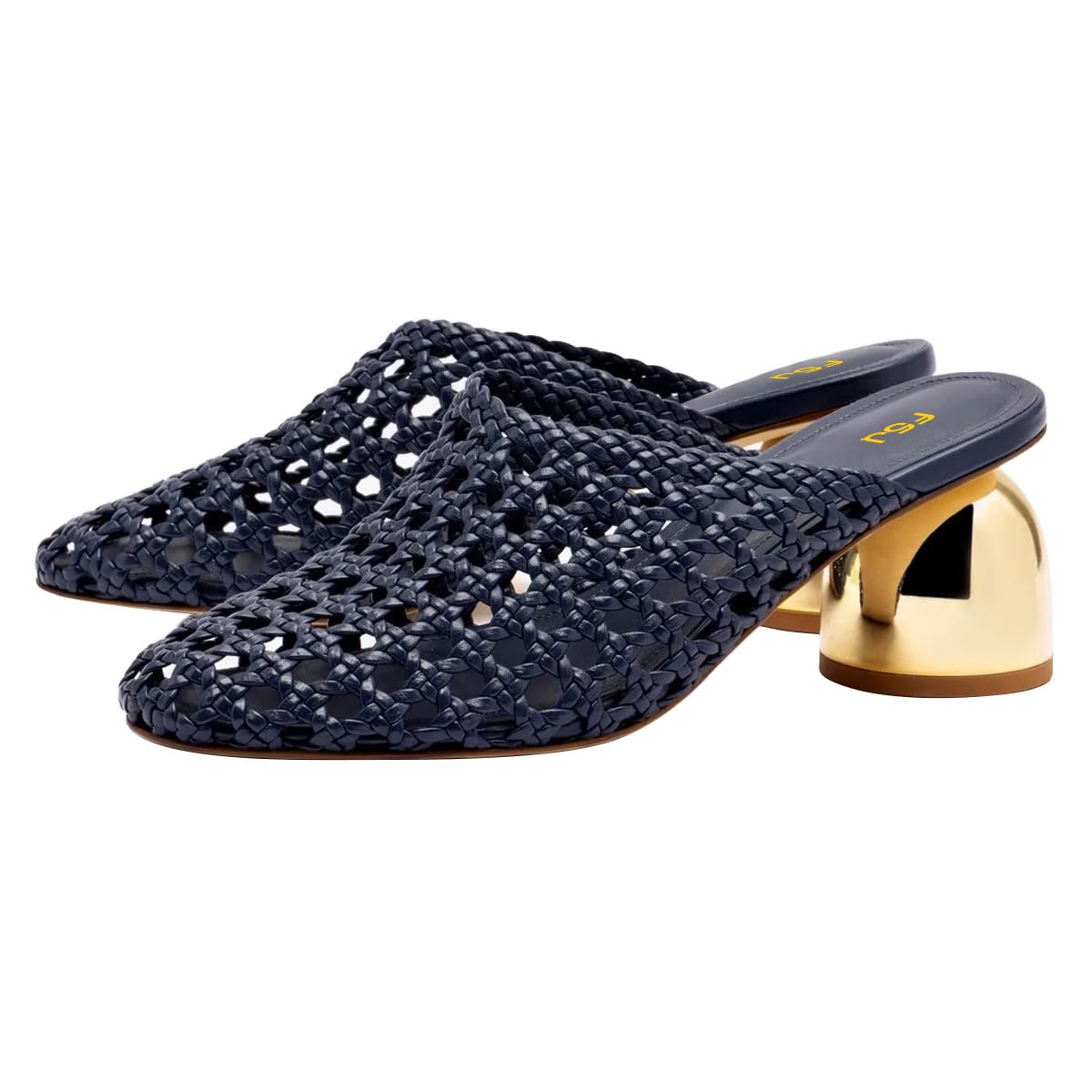 FSJ Women Woven Mule Sandals Gold Block Heel Closed Toe Hollow Out Braided Slip On Comfort Summer Shoes Size 4-16 US