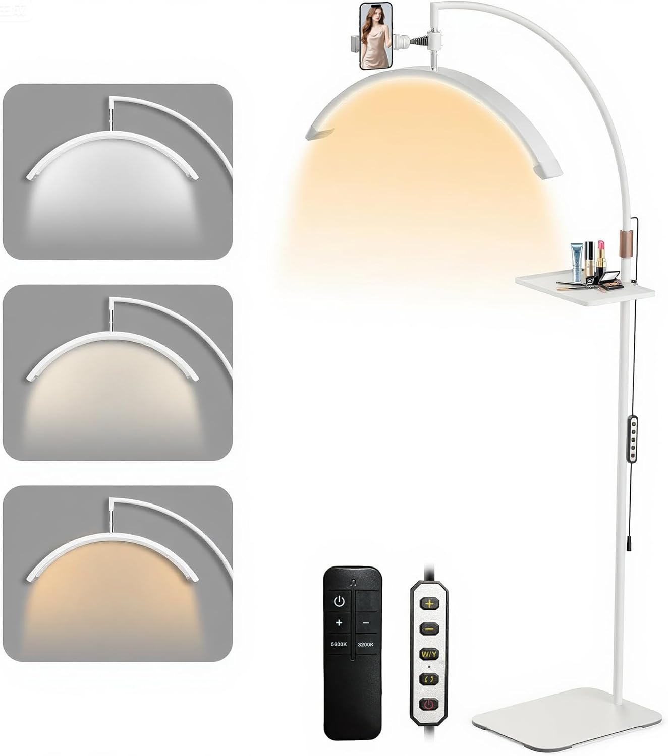 Lash Light 23 inch Floor Lamp for Eyelash Extensions Standing LED Half Moon Lights for Nail Art, Tattoos, Skincare with Adjustable Brightness & Height & Movable Tray & Phone Holder.