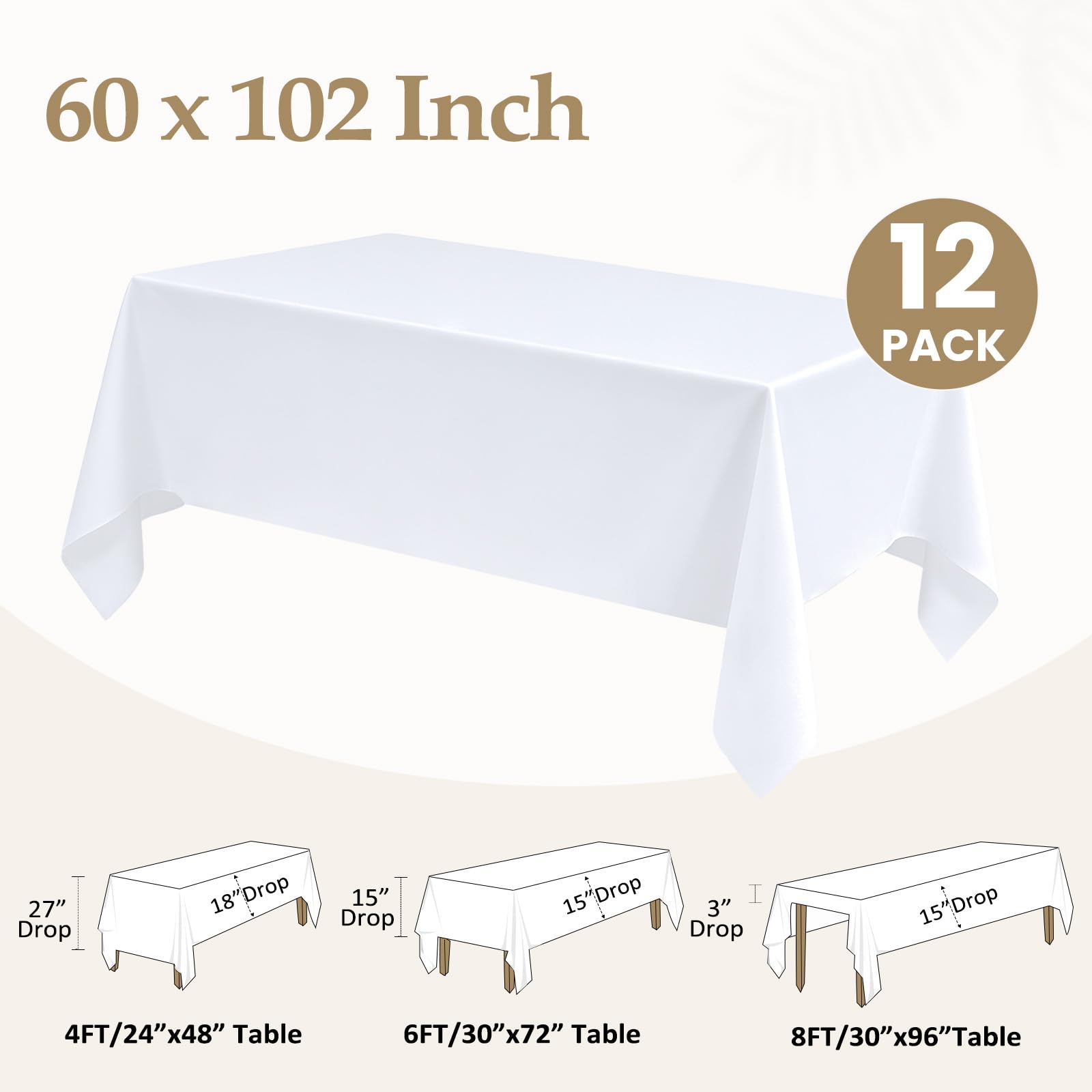Lot de 12 nappes rectangulaires Blanches de 152,4 x 259,1 cm pour Tables rectangulaires de 1,8 m en Tissu Polyester Infroissable Lavable pour fête de Mariage