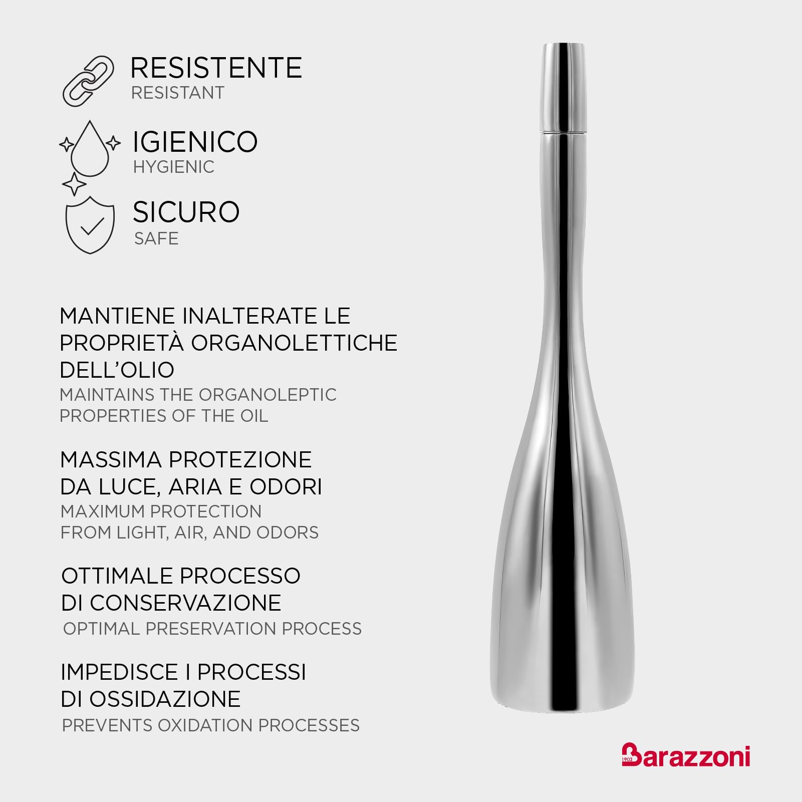 Barazzoni SPA-Aceitera Olly, Acero Inoxidable 18/10, Capacidad 450 ml, Boquilla vertedor, Exterior Brillante