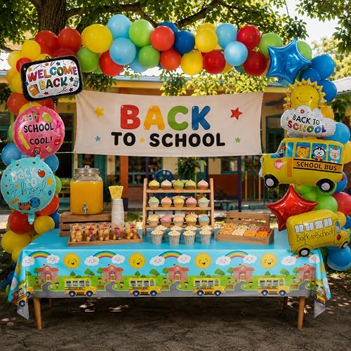 Image of Blue Orchards School Bus Tablecovers (Pack of 3) - Party Supplies, Back to School Decorations, Wheels Tablecloth, Kindergarten Graduation Decorations, School Bus Theme Party