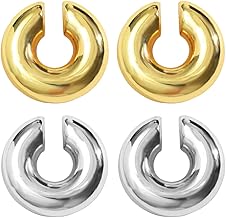 2 Pairs Ear Cuff Earrings for Women Earrings Gold Huggie Chunky Earrings Gold Non-Piercing Earrings Clip on Earrings for Girls Hypoallergenic Jewelry Gift, Stainless Steel