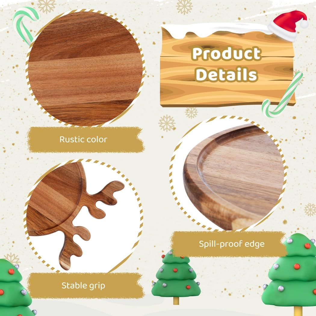 Bandejas de Madera para Servir con Mango de Cuerno, Elegante Bandeja de Desayuno y Té, Plato de Frutas y Aperitivos, Bandeja de Madera Decorativa, Perfecta para Navidad, Bodas, Cumpleaños