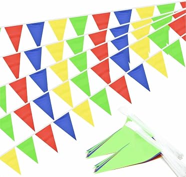 Red Blue Yellow Green Pennant Banner Triangle Flag Bunting Garland Decorations for Grand Opening Wedding Kids Birthday Baby Shower Outdoor Garden 60Feet 64 pcs