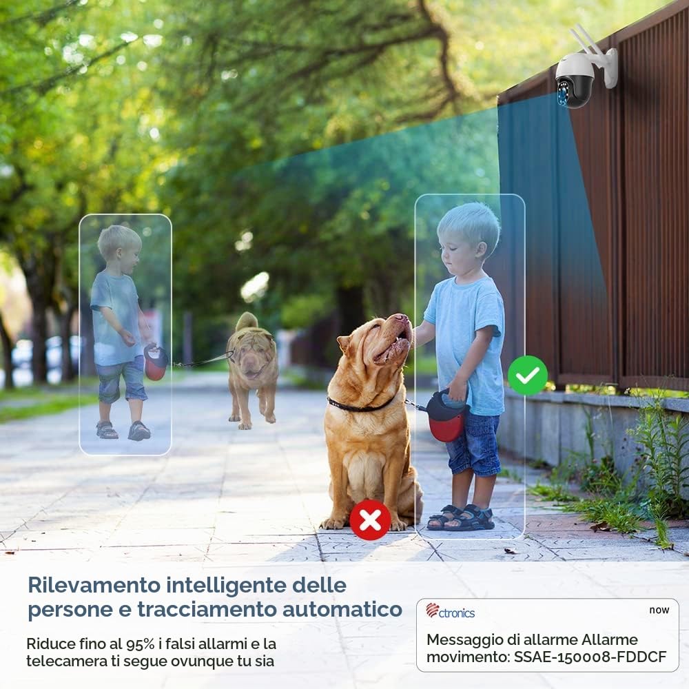 ctronics 【5X Zoom Ottico】 Telecamera Wifi Esterno con Visione Notturna a Colori, 1080P PTZIP Videocamera di Sorveglianza con Pan 355° e Tilt 90°,Auto Tracking, Rilevazione Umana, Audio Bidirezionale