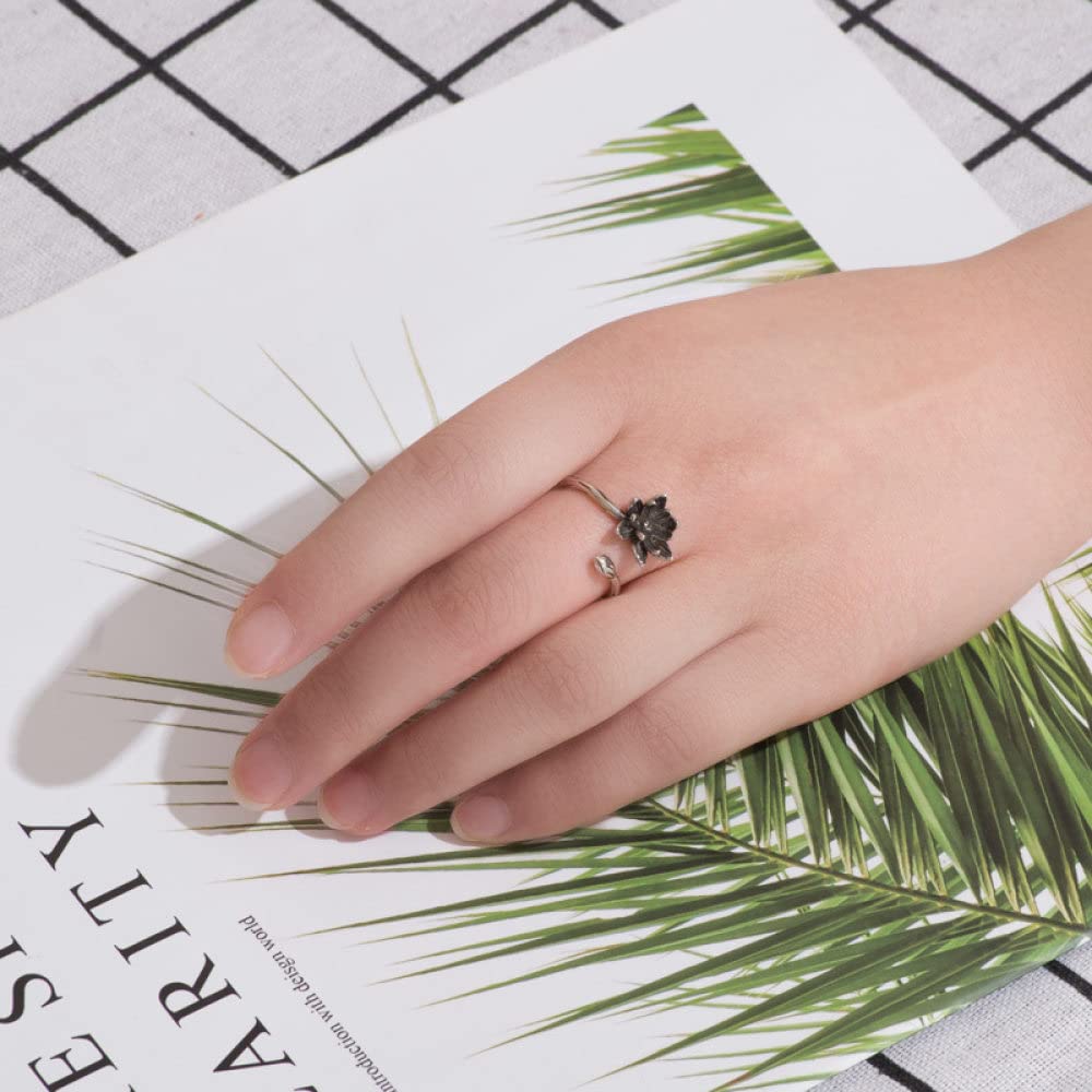 HGJH Ring Aus 925Er Sterlingsilber, S925 Sterling Silber Lotus Ring Verstellbare Ringe Retro Offener Ring Silber Daumenring Ewigkeitsring Hochzeitscharme Schmuck Geschenke Für Männer Mädchen Damen
