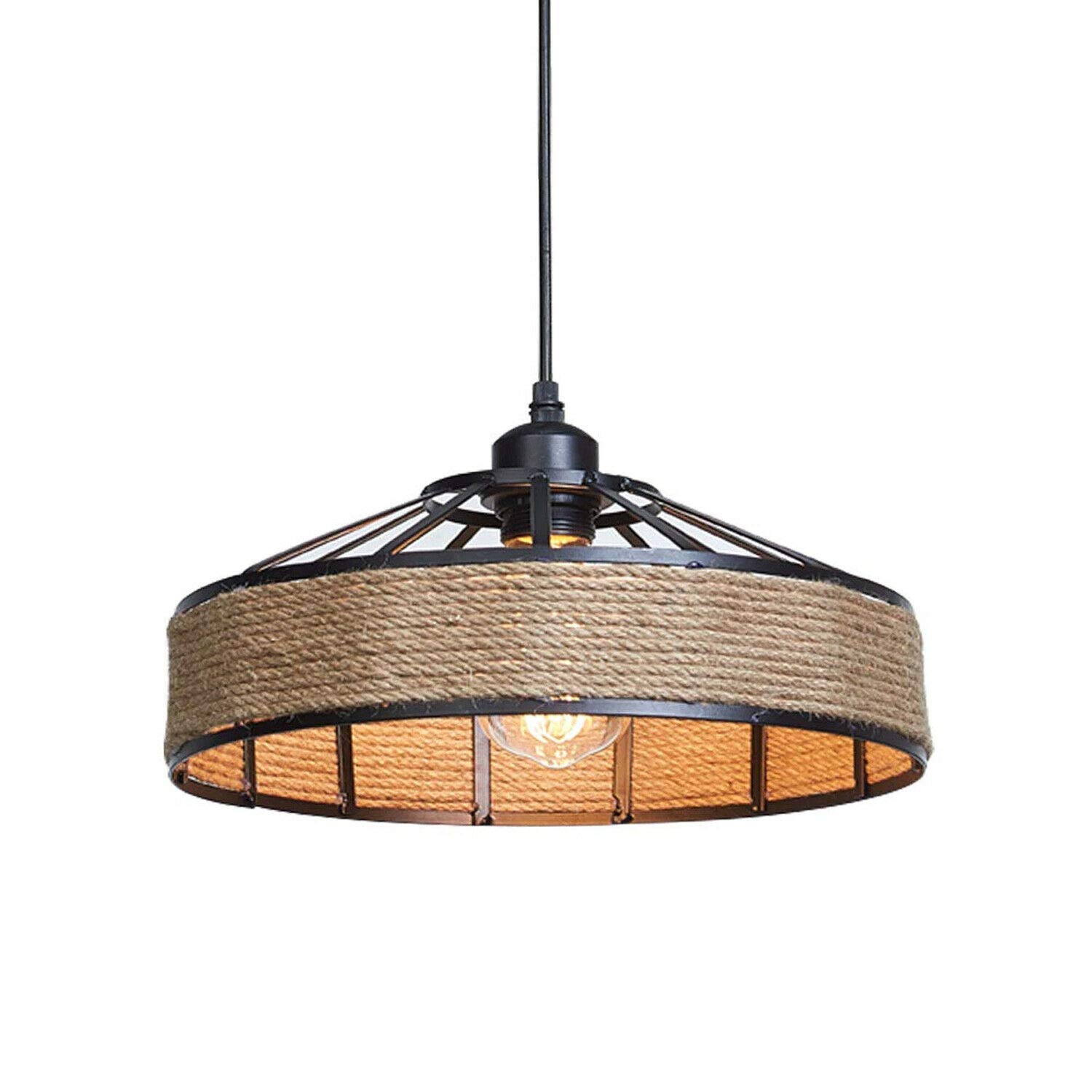 Ledsone With Out Bulb Hemp Rope Pendant Light Black Metal Shade E27 Ceiling Lamp 30Cm