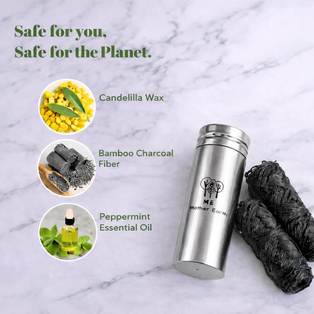 Hilo dental de carbón de bambú biodegradable vegano con recipiente de acero inoxidable rellenable, 33 yardas x2 | Recambio extra de hilo | Cera natural de Candelilla | menta | Eco Zero Waste Oral Care