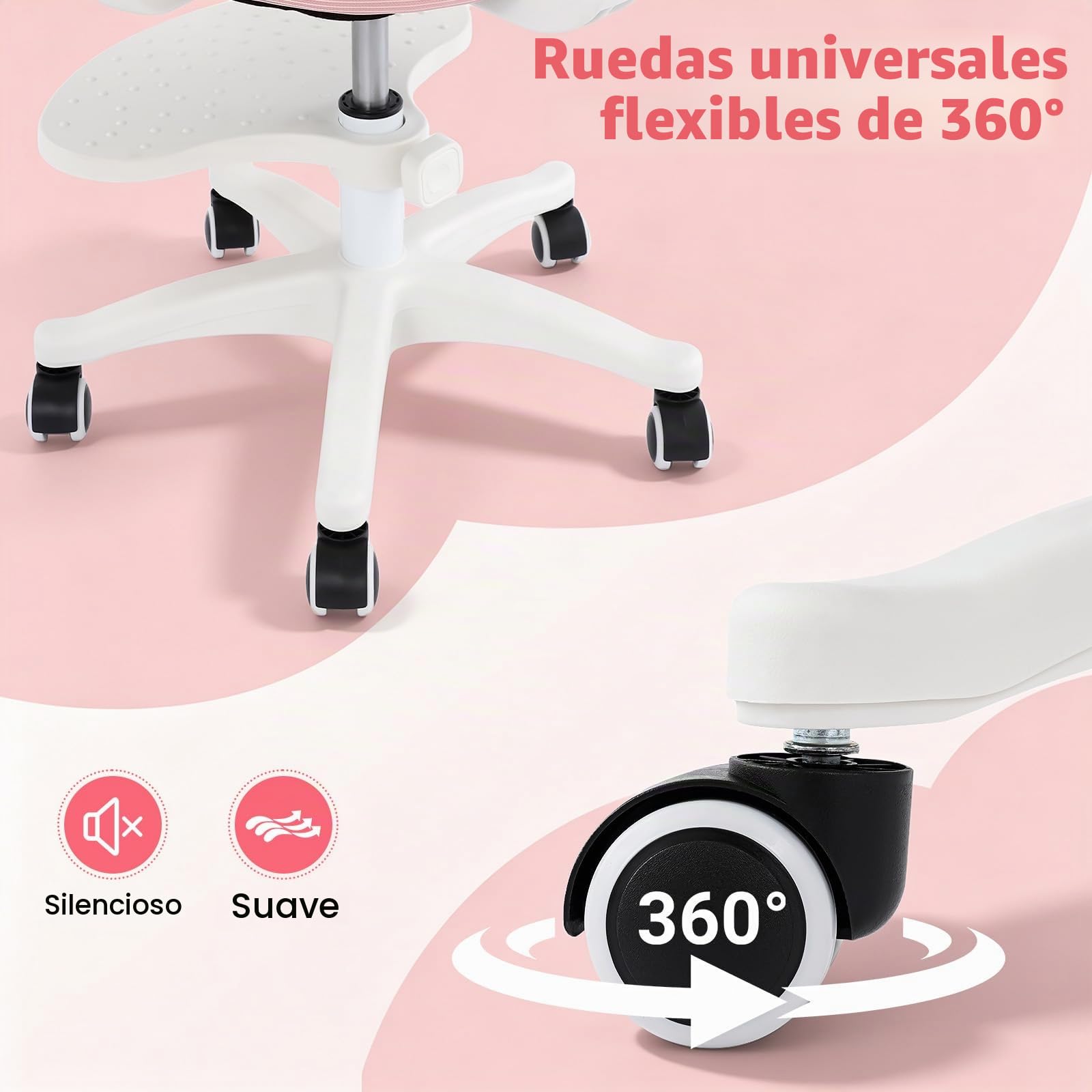 Silla de escritorio infantil giratoria de 360°, altura del asiento de 36 a 46 cm, altura regulable, silla ergonómica de oficina con ruedas, silla juvenil con respaldo y reposabrazos