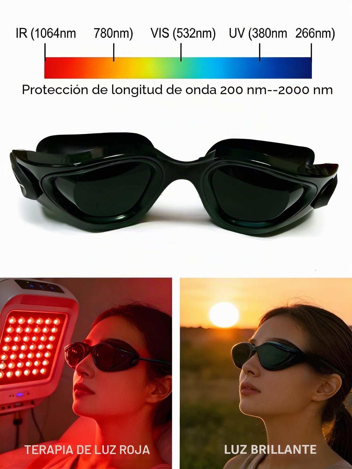 Gafas de protección para solárium 200–2000 nm, gafas de seguridad para IPL, LED y luz roja, lentes con cordón ajustable de 40 cm, incl. estuche y paño de limpieza