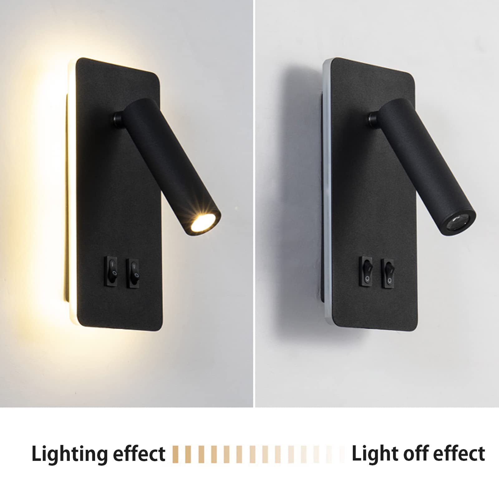 Applique LED, applique de lecture de chevet, liseuses murales LED 12W, spot orientable （3W + 9W 3000K lumière chaude） (rectangle noir 2PCS)