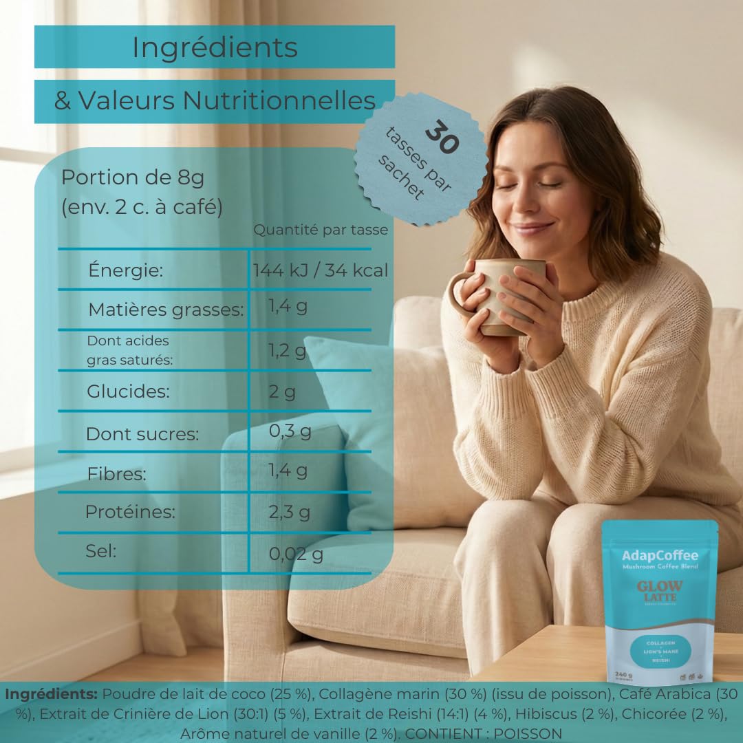 Glow Latte – Café Latte Instantané aux champignons adaptogènes & Collagène Marin - Lion’s Mane & Reishi – Focus, Vitalité & Bien-être - Crémeux & Gourmand - Sans Sucre Ajouté – 30 Tasses – ADAPCOFFEE