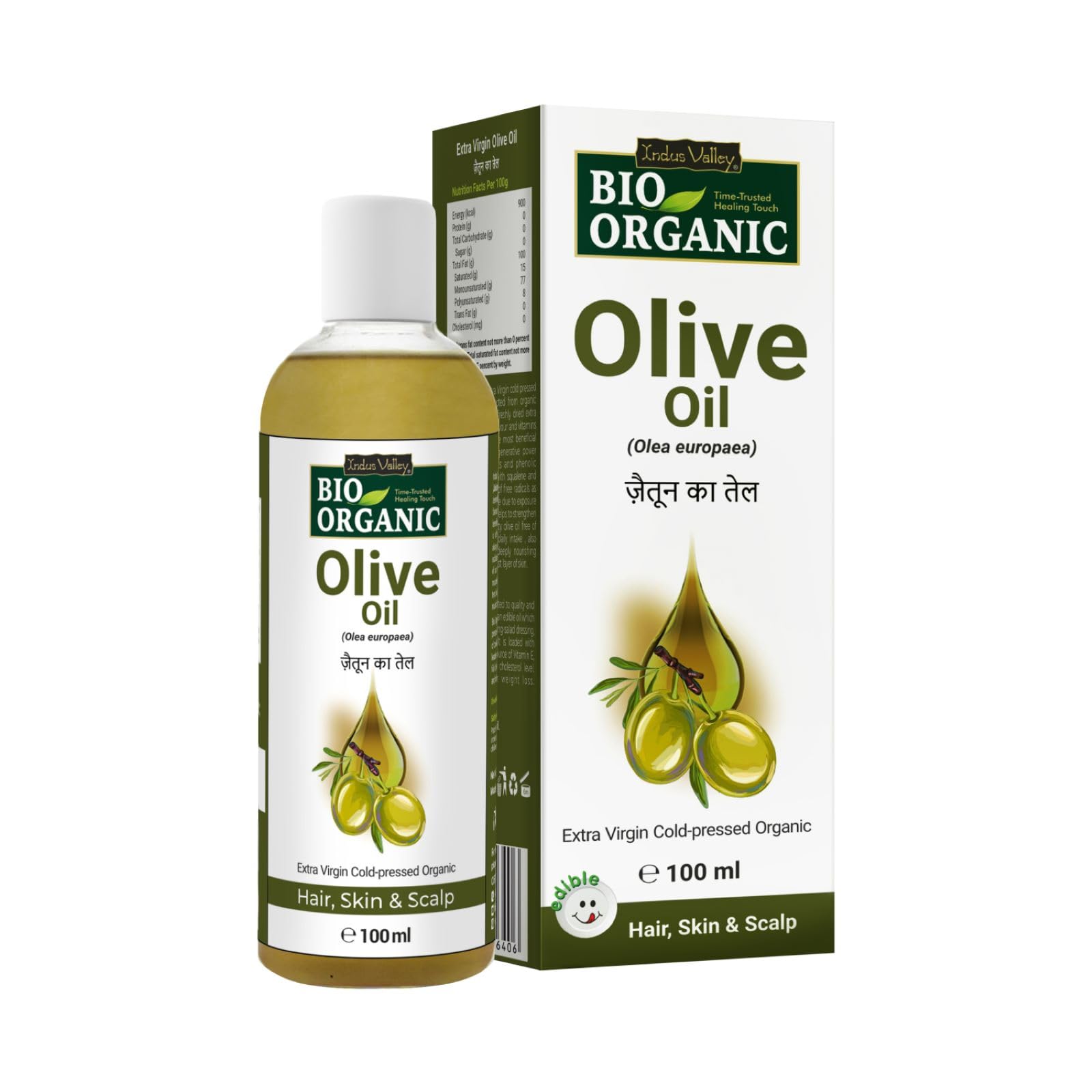 Indus Valley Bio Organic Pure Extra Virgin Edible Cooking Olive 100% Organic and Cold-pressed, Massage Oil for Baby Skin & Hair Care (100ml)
