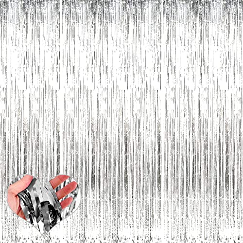 Image of 4 Pack Silver Fringe Curtain Backdrop, 3.2Ft x 9.8Ft Metallic Tinsel Foil Fringe Streamers Background for Photo Booth Birthday Wedding Baby Shower Carnival Easter Mother's Day Party Decorations