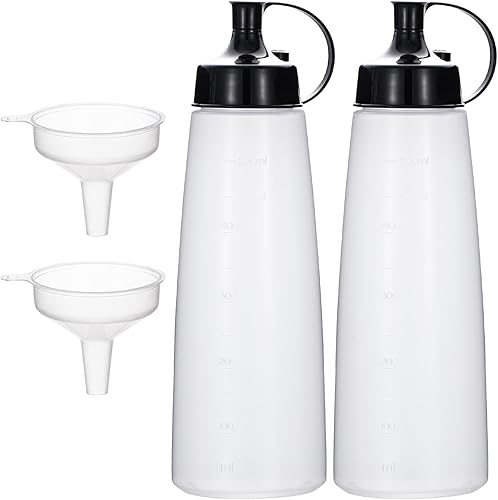 Uceoo Botellas exprimibles de boca ancha, paquete de 2 botellas de condimentos con tapas de tapa y embudo para salsas gruesas, resina, manualidades,