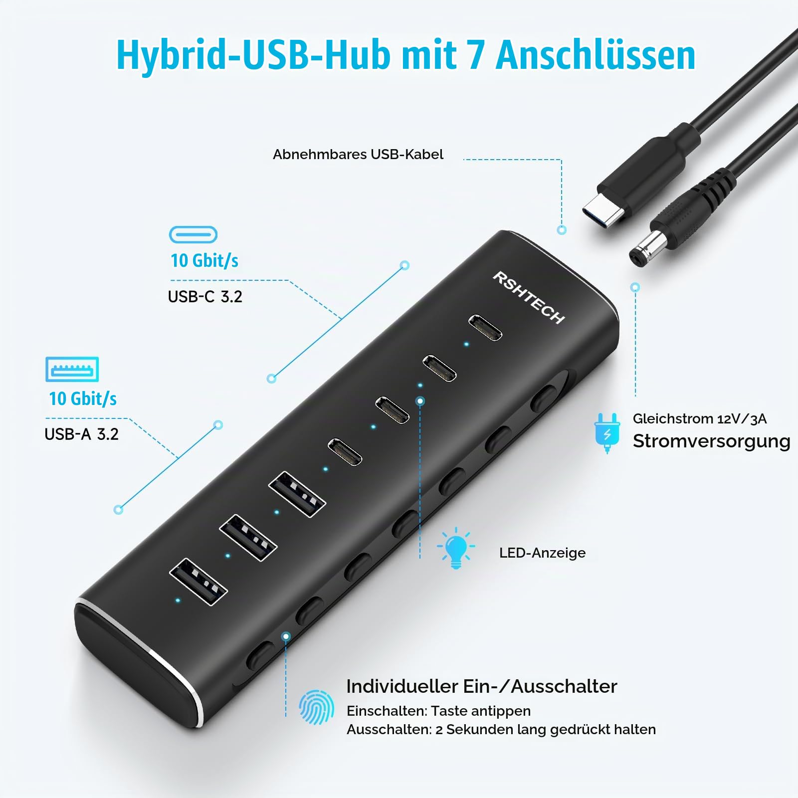 RSHTECH 7-Port-USB C Hub 3.2 mit Unabhängigem Schalter, alle Anschlüsse unterstützen 10 Gbps - 4 Type C, 3 Type A - Mit 12V/3A Netzteil Adapter, 1M Kabel | Aluminium USB-Hub mit Netzadapter 12 V/3 A und abnehmbarem Kabel mit 3,3 Füßen, RSH-H7C4