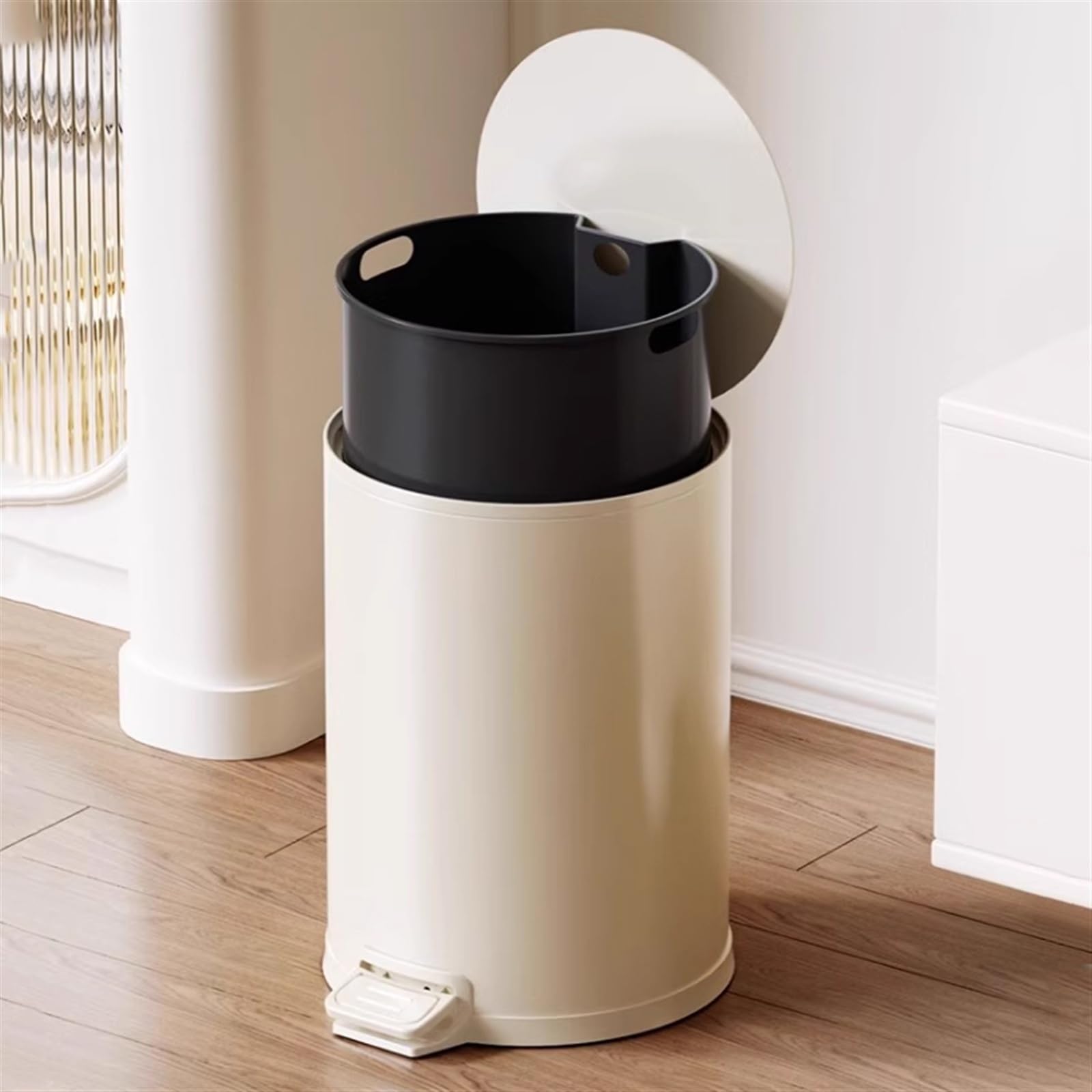 Papelera de Escritorio Cubo de Basura Redondo de Acero Inoxidable con Tapa de Cierre Suave, Pedal y Cubo Interior extraíble, 8/10/15 litros Cubo de Basura(Milk White,L)