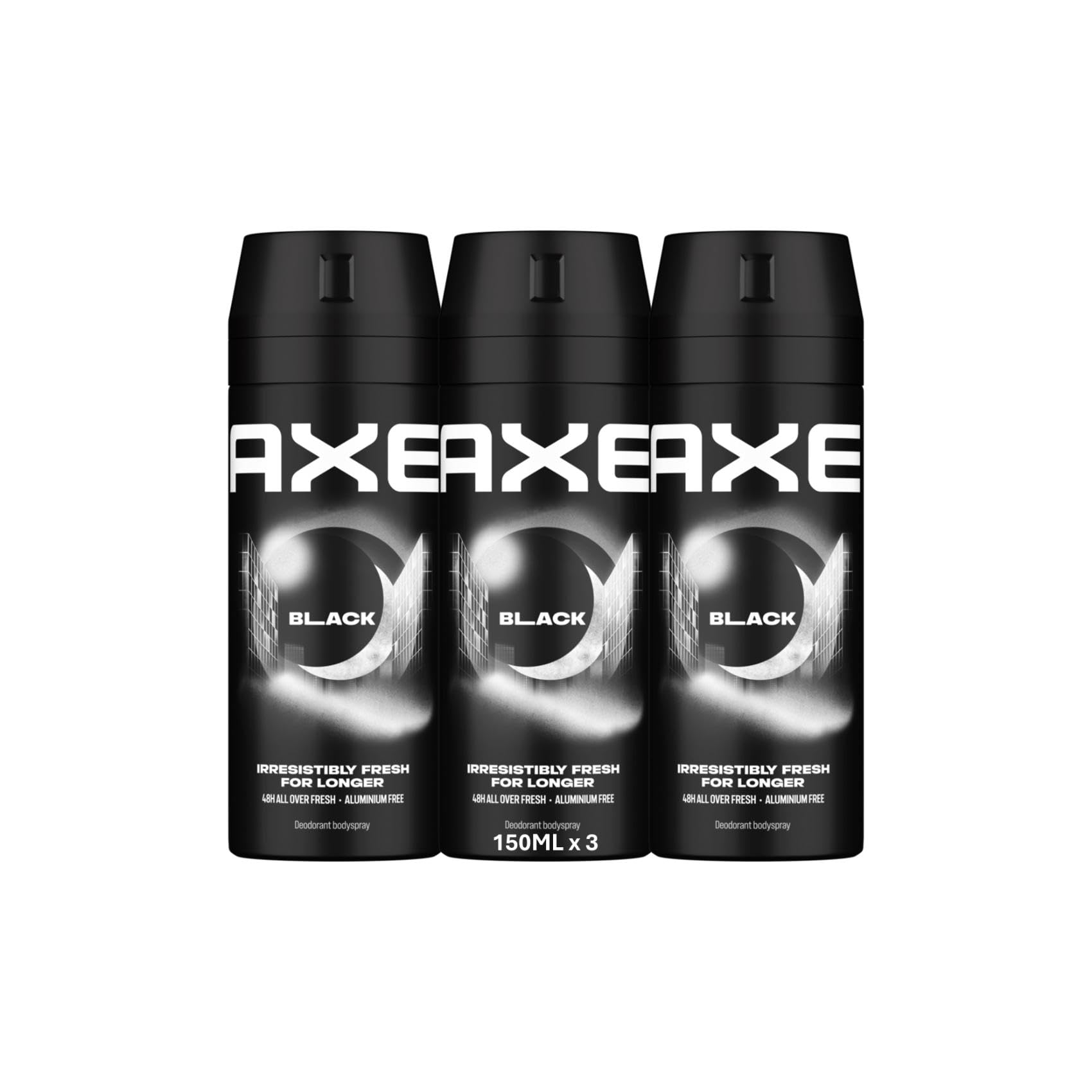 AXEMen Deodorant Body Spray, Irresistibly Fresh for Longer, Black, 48H All Over Fresh, Aluminium Free, 150ml x 3