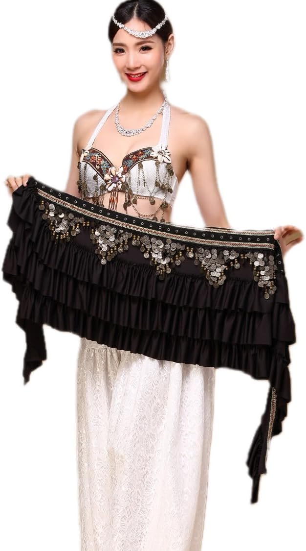 HEARTTOUCH Women's Belly Dance Wave Shape Hip Scarf with Silver Coins Wrap Noisy Belly Dance Costume for Performance