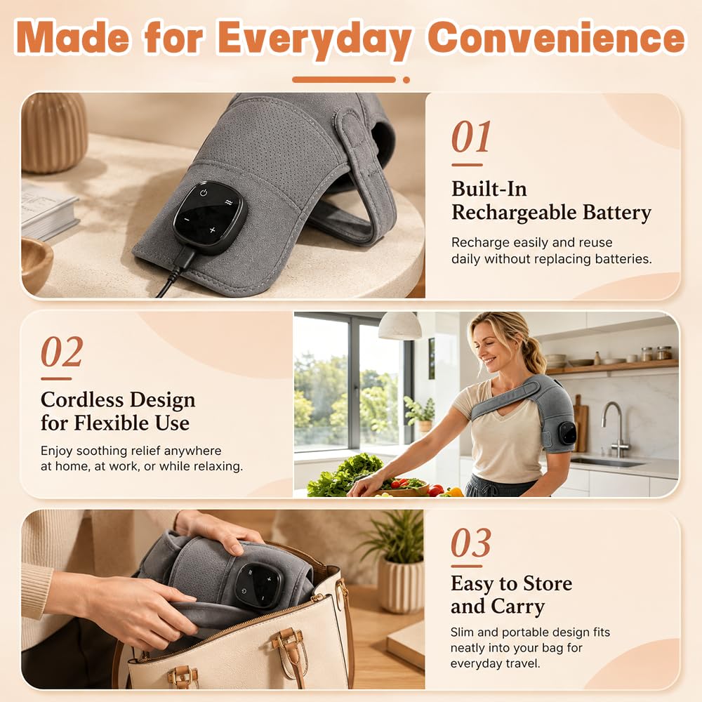 Masseur d'Épaule Sans Fil 5 Niveaux de Chauffage 3 Modes de Vibration Écran Tactile Design Ajustable Portable Gris