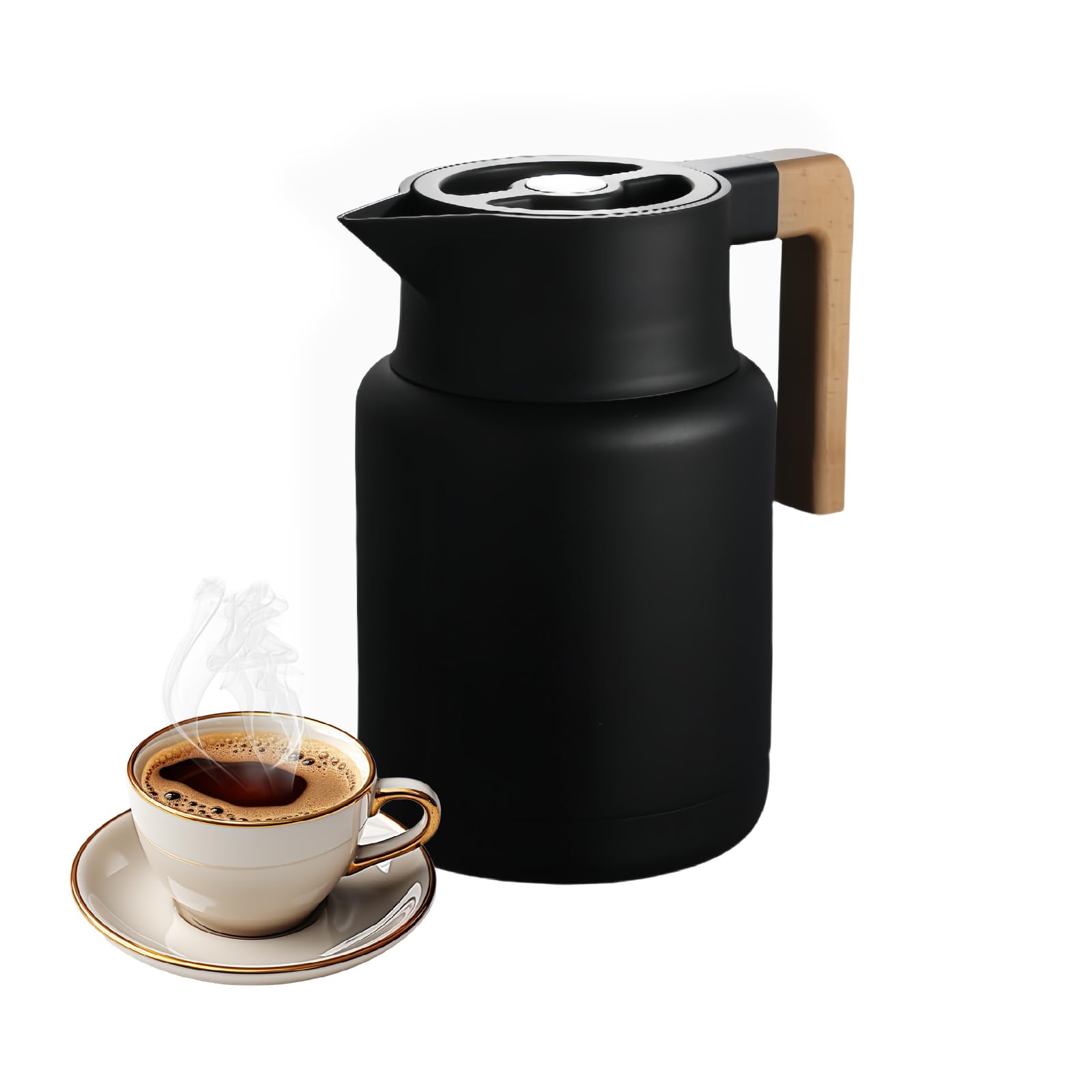 Pichet Isotherme, Thermos Sous Vide Isolé, Carafe À Café Thermique En Acier Inoxydable, Manche En Bois, Pour Le Café Au Thé Chaud Et Froid, Cuisine, Bureau, Hôtel (Noir,1300ml)