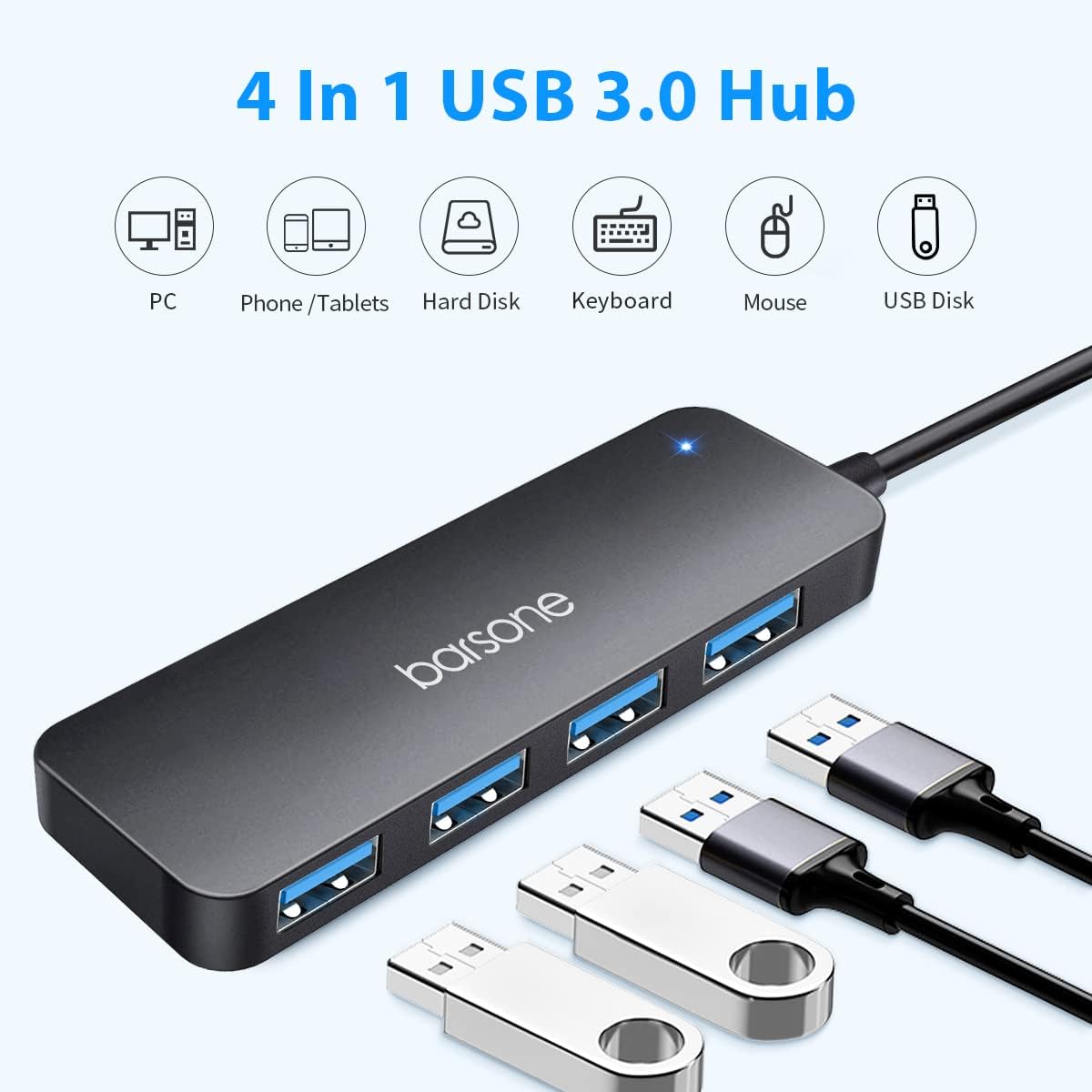 4 Port USB Hub 3.0, barsone USB Port Hub with 4ft Extended Cable, Multiport USB Splitter for Laptop, Desktop PC, MacBook, Surface Pro, Flash Drive, PS4, Printer, Mobile HDD