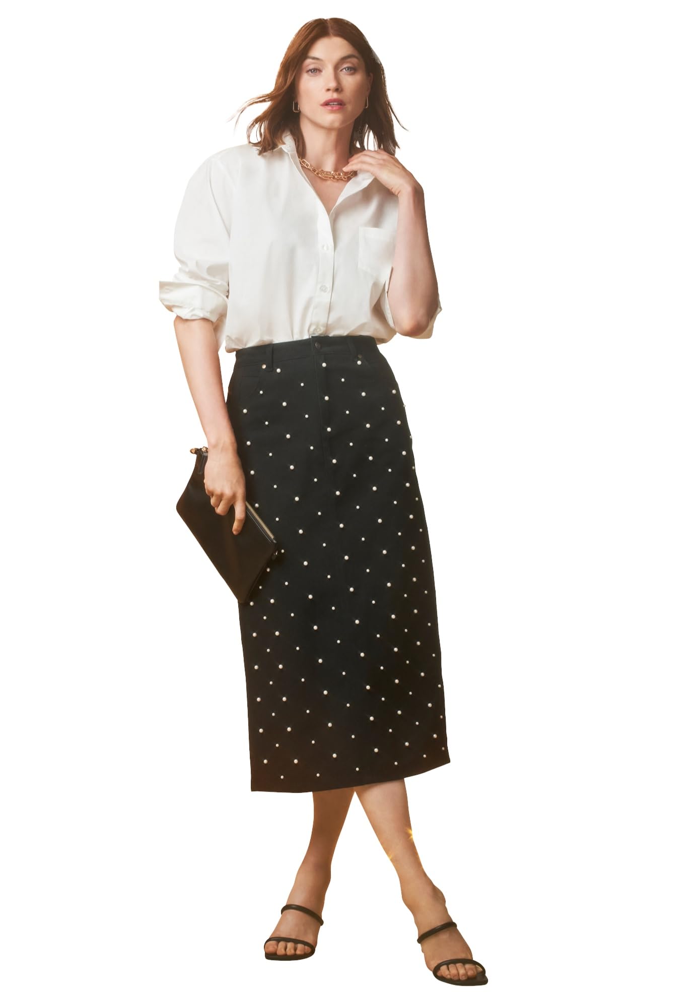 Jessica London Womens Plus Size Classic Cotton Denim Midi Skirt Pockets Long Jean Skirt