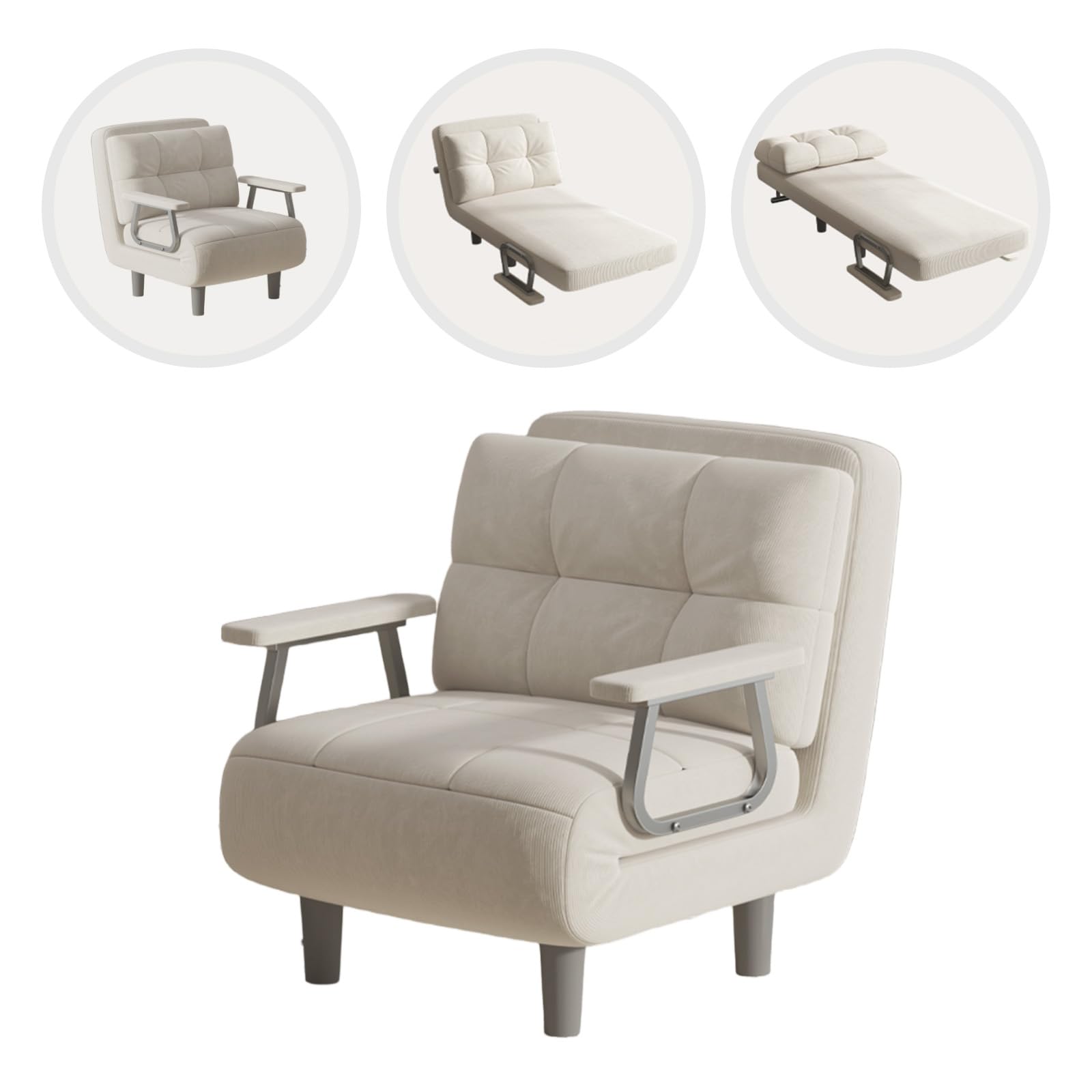 Fabulcozy - Calentador de Sofá Cama, Sillón Convertible de 1 Plaza, Gran Comodidad Desmontable con Cojín, Apoyabrazos de Metal y Patas (Blanco Roto)
