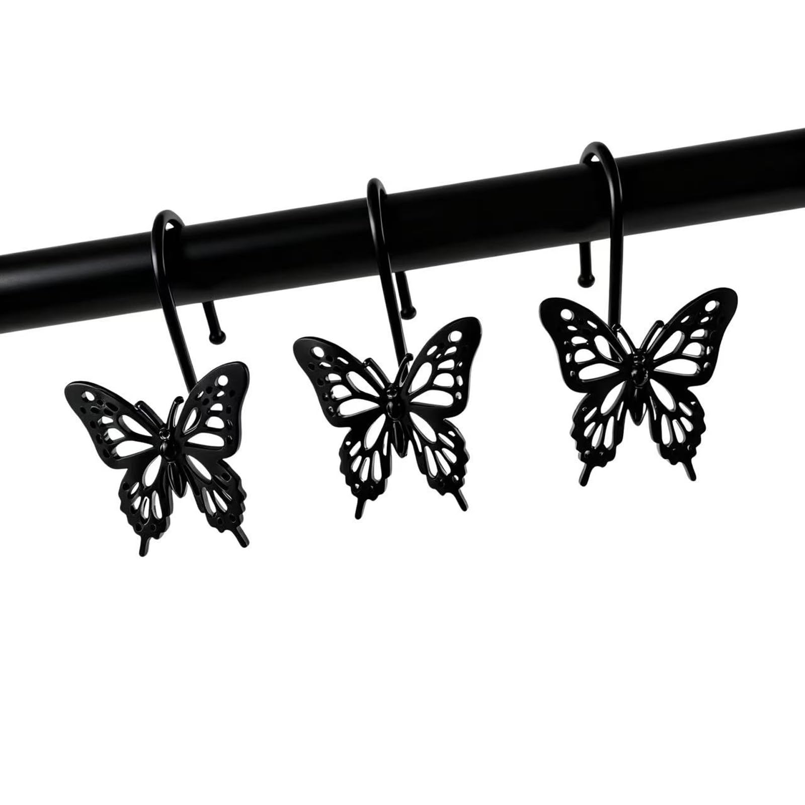 Photo 1 of 12PCS Decorative Shower Curtain Hooks, Metal Shower Curtain Rings, Rustproof Shower Curtain Hanger for Bathroom, Elegant Butterfly Design (Black)