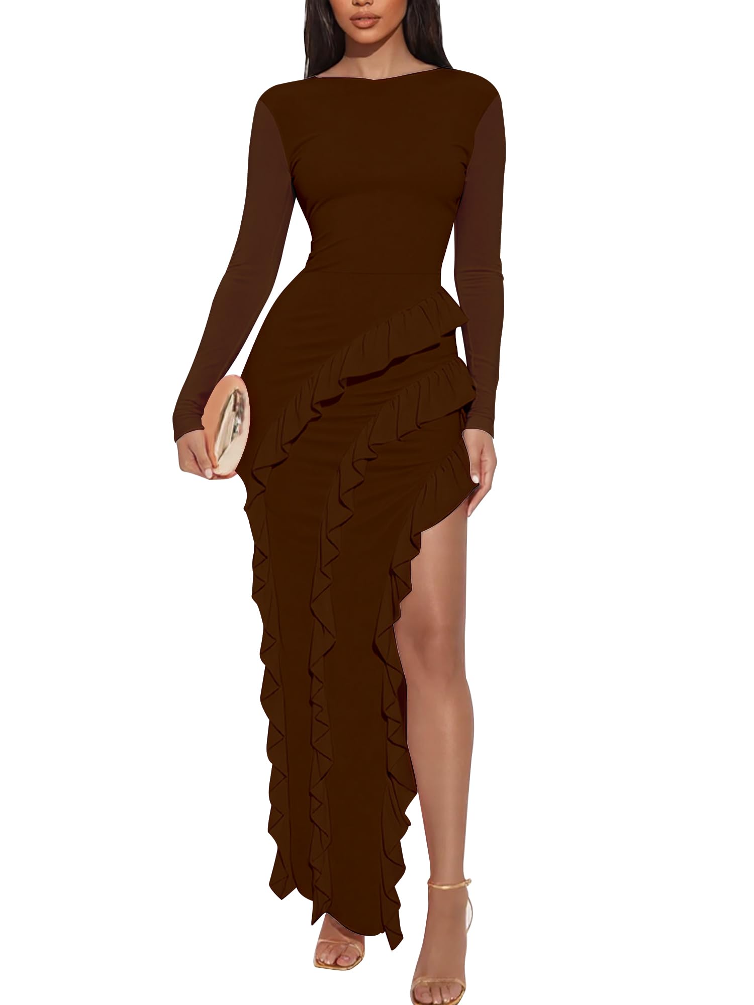 Women's Sexy Boat Neck Bodycon Maxi Dresses Long Sleeve High Slit Ruffle Cocktail Party Dress