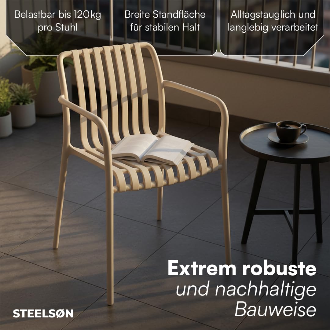 STEELSØN Pincoya Gartenstühle 4er Set – Outdoor Loungesessel Taupe – stapelbarer Balkonstuhl wetterfest & UV-beständig – Gartensessel aus Kunststoff bis 120 kg – Armlehnenstuhl Garten/Balkon/Terrasse