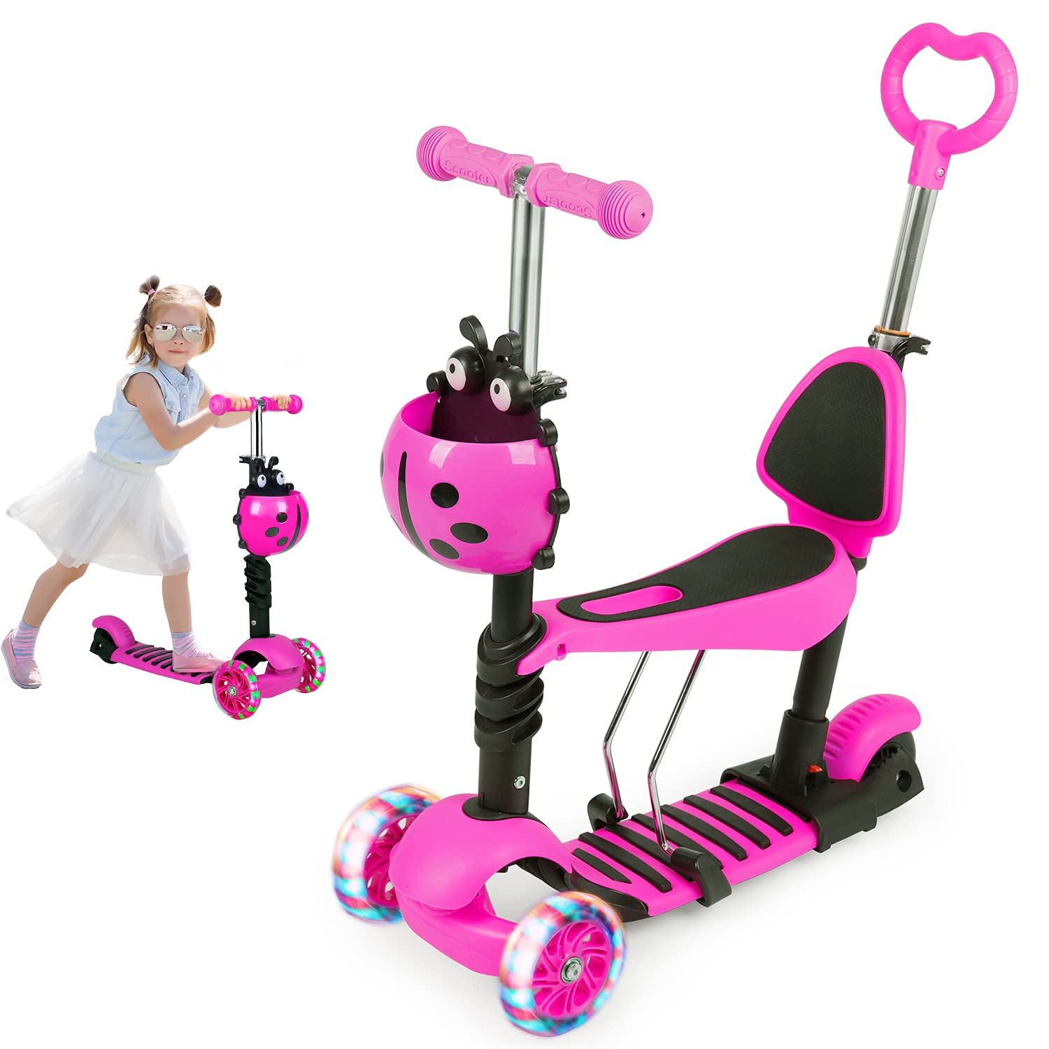 Birtech Kids 3-Wheel Scooter for Toddlers with Adjustable Seat, Push Handle & LED Flashing Wheels (Pink)