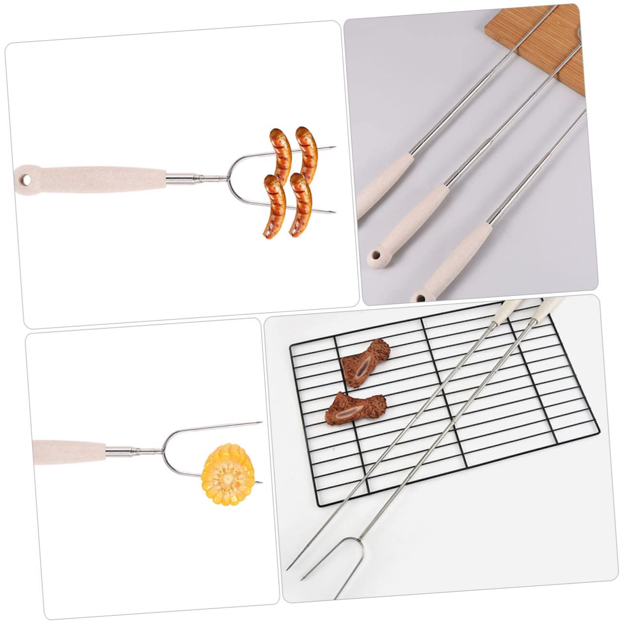 Toyvian 4pcs Stainless Steel Roasting Sticks Bbq Forks for Outdoor Grilling Comfortable Handle for Camping and Barbecue