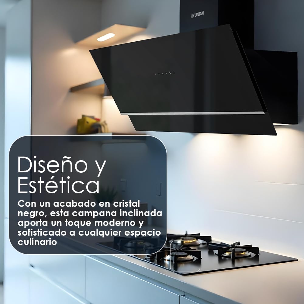 Hyundai Campana Extractora Inclinada 90cm Cristal negro HCPD900AN. Potencia 253m3/h, Tiro Doble, 4 Velocidades, Control Táctil, Filtro apto para Lavavajillas.