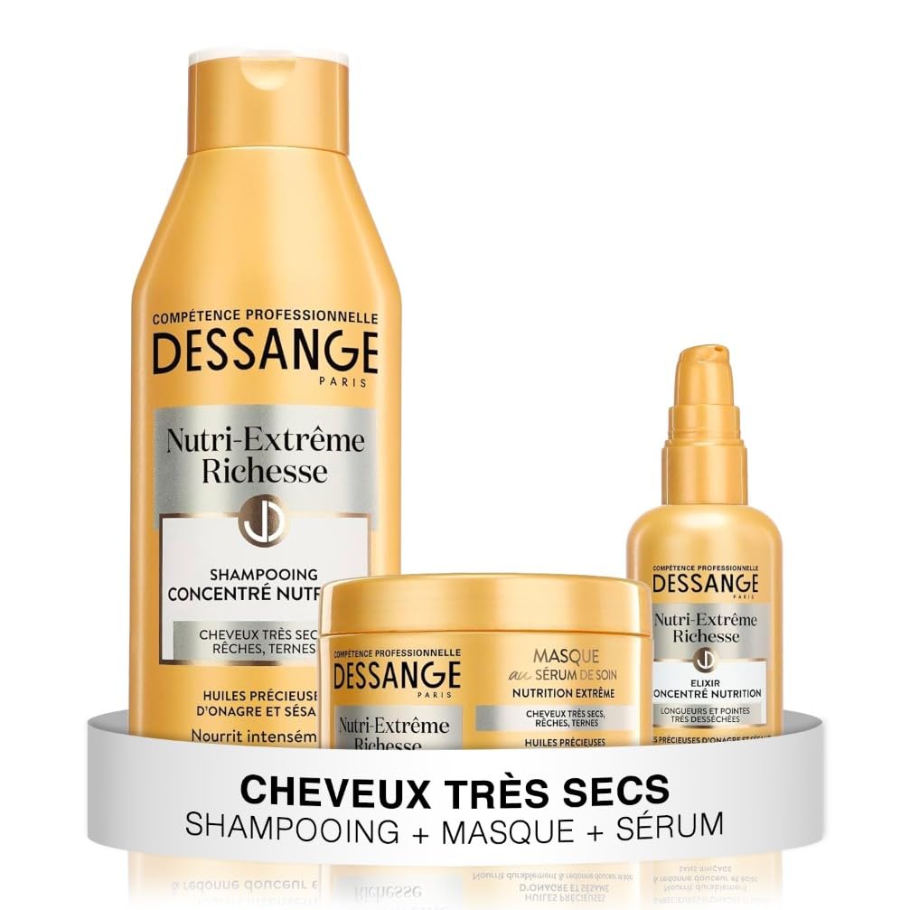 DESSANGE - Coffret Nutri-Extrême Richesse - Shampoing Nourrissant + Masque Capillaire + Elixir Concentré Nutrition - Nourrit Intensément & Redonne Douceur - Pour Cheveux Très Secs, Rêches, Ternes