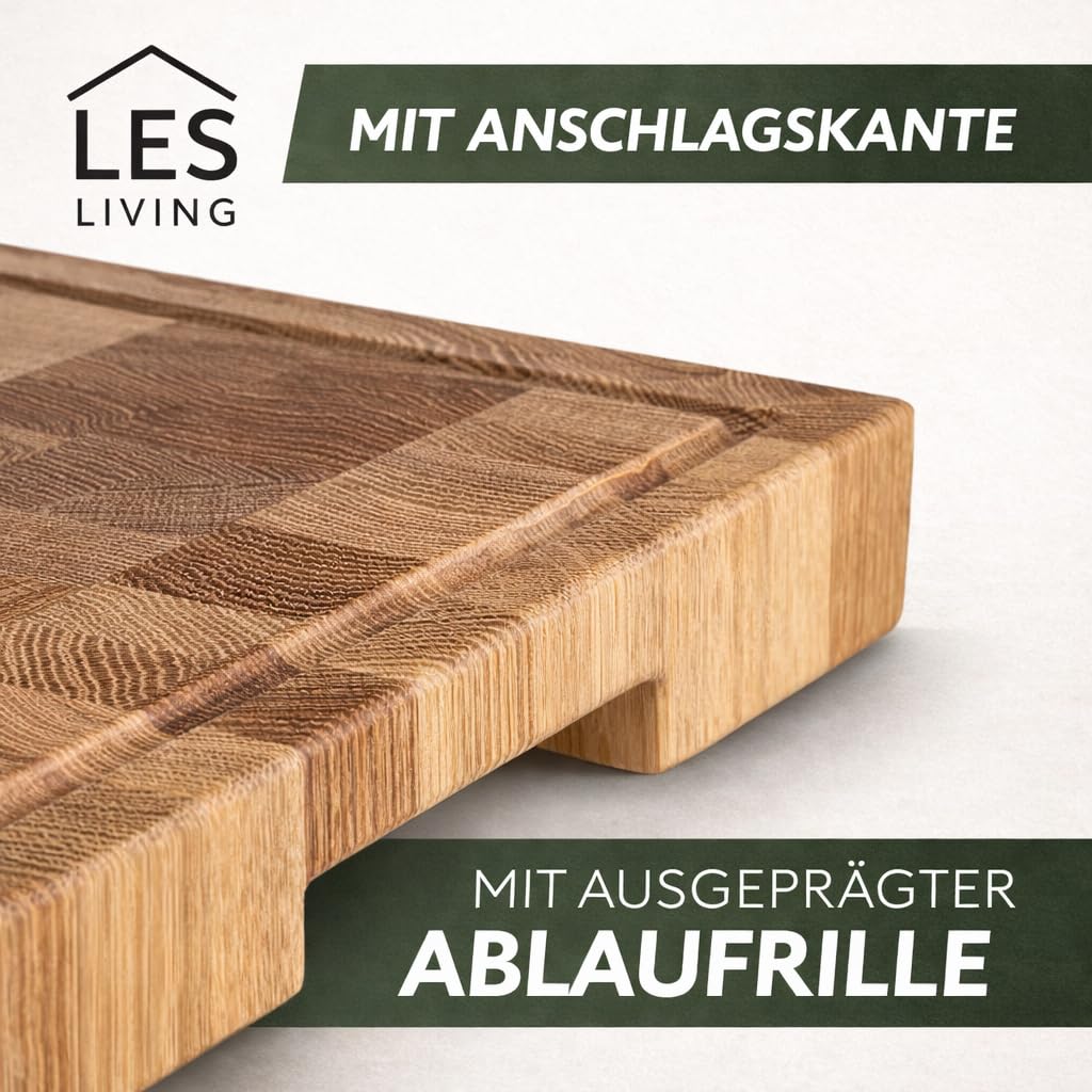 Schneidebrett Eiche Stirnholz 40×30×4 cm – Profi Holzschneidebrett mit Saftrille & Antirutsch-Füße – Klingenschonend – Massives å Küchenbrett aus Eichenholz – Deutsche Marke