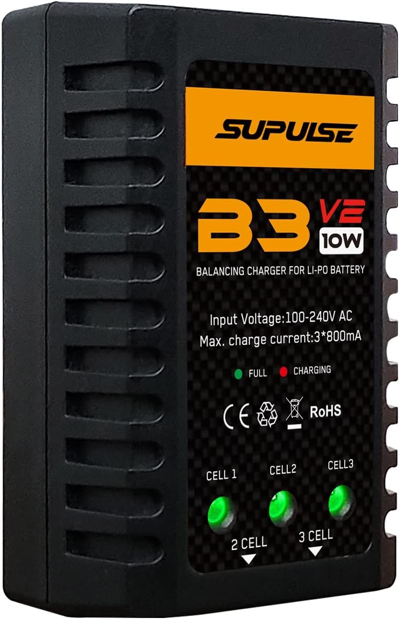 Cargador Lipo B3V2 10W Para Baterías 2-3S 7.4V/11.1V – Balanceador Integrado, Indicador LED, Enchufe Europeo