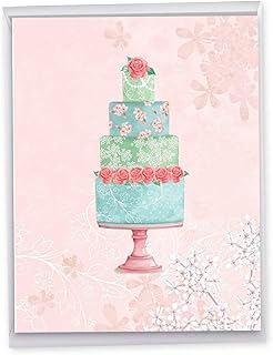 NobleWorks - 1 Beautiful Wedding Congratulations Notecard w/Envelope (Big 8.5 x 11 Inch) - Floral Layered, Newlywed Marriage Gift from All of Us for Bride, Groom - Watercolor Cake J2984FWDG-US
