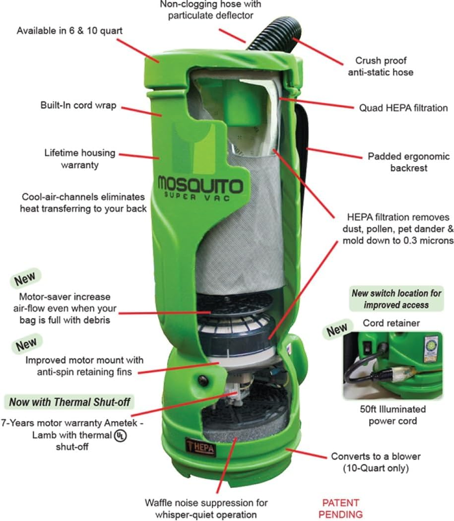 Mosquito-America Super Vac Backpack Vacuum with HEPA Filtration (Model 10-1011-MG) - 10-Quart Capacity/Green/Smooth Glide Tool Kit Included. Great for Commercial or Residential Applications!