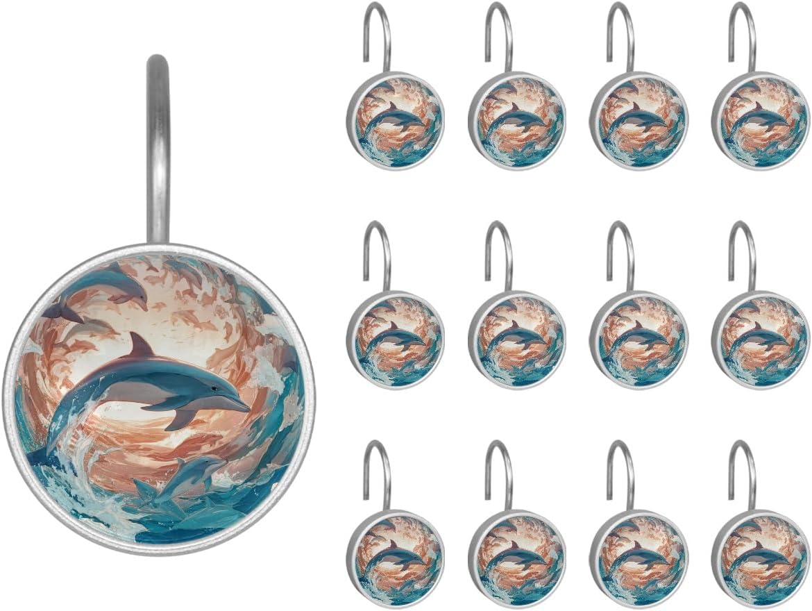 Dolphin 12Pcs Decorative Shower Curtain Hooks, Animal Art Design Rust Resistant Shower Curtain Rings, Stainless Steel Round Curtain Rods Hooks for Bathroom, Kitchen, Bedroom