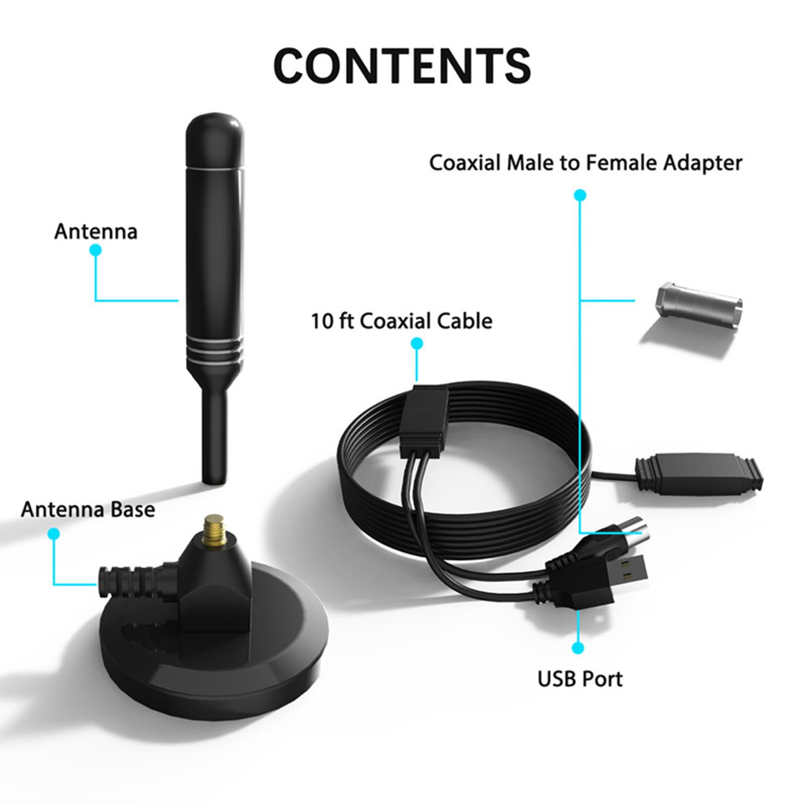 Antenne TV HD portable intérieur/extérieur, réception 360°, amplificateur de signal double, gain élevé, 4K 1080p VHF/UHF, avec base magnétique