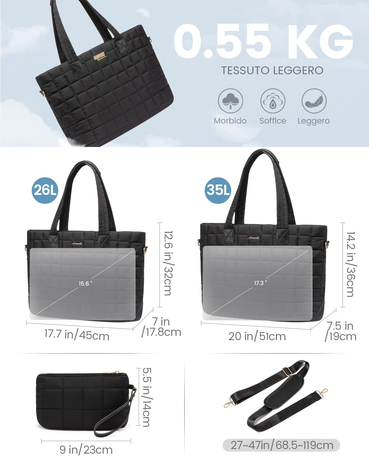 LOVEVOOK Borsa Tote Donna Grande con Scomparto Laptop 17.3", Borsa Lavoro Imbottita e Leggera per Università e Ufficio