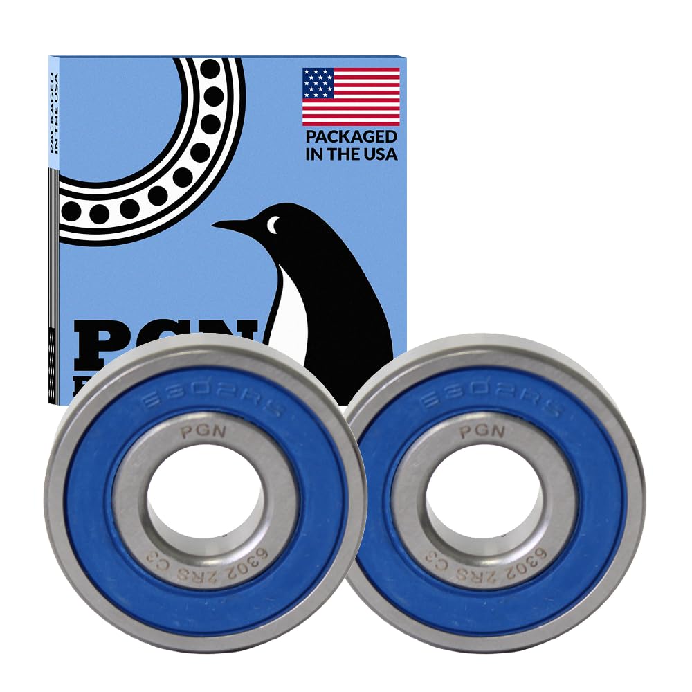 PGN (2 Pack) 6302-2RS Bearing - Lubricated Chrome Steel Sealed Ball Bearing - 15x42x13mm Bearings with Rubber Seal & High RPM Support