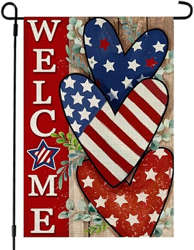 CROWNED BEAUTY Bandera patriótica para jardín del 4 de julio, 12 x 18 pulgadas, bandera de Estados Unidos de doble cara, corazones azules y rojos,