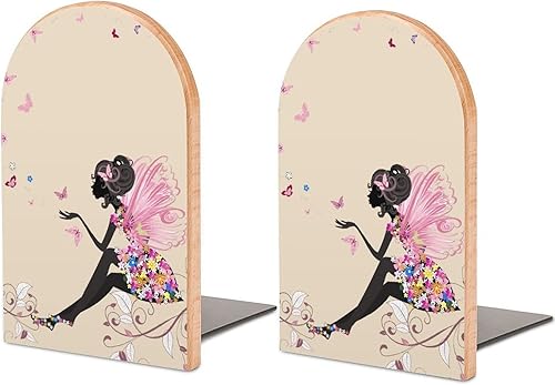 Hon-Lally Sujetalibros de madera con diseño de hadas de flores con alas rosas, con sujetalibros decorativos, antideslizantes, para libros de
